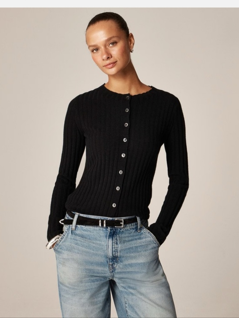 J. CREW Wide-rib cashmere cardigan Black Sz XS $178 CO325